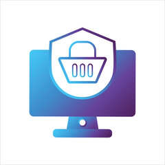 computer illustration. computer with shield and shoping chart symbol. Concept of safe computing. gradient style Vector illustration, vector icon concept.