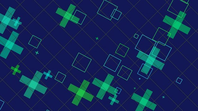Animation of various geometrical shapes with several transitions, transformations and rotations in space during time sequence.