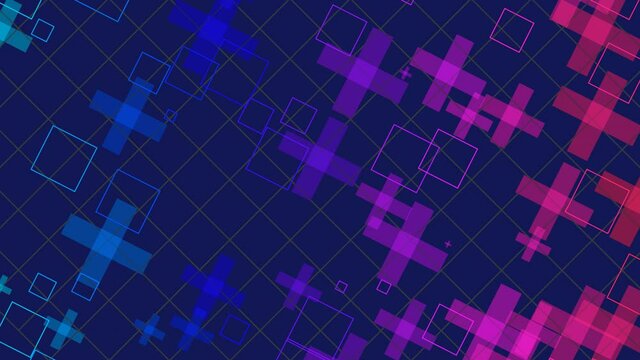 Animation of various geometrical shapes with several transitions, transformations and rotations in space during time sequence.