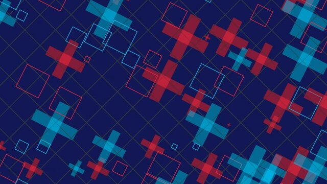 Animation of various geometrical shapes with several transitions, transformations and rotations in space during time sequence.