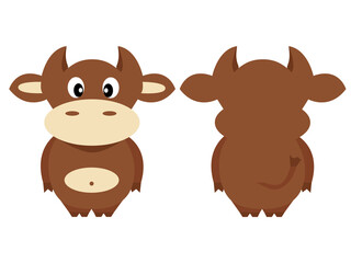 Cute bull. Vector illustration of the animal, isolated on a white background. Print for clothes, label, patch, sticker. For cards for children's holidays or drawing training.