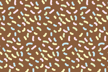 Seamless pattern with colorful sticks. Print for textile, gift wrapping paper, cards, web and design. Celebration style. Christmas presents, confetti. Brown background with color elements