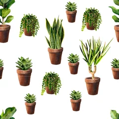 Fotobehang Cactus in pot Aquarel naadloos patroon van huisplanten in potten. Handgeschilderde huisgroene bloemen, perfect voor textiel, papier en andere print- en webprojecten.