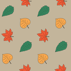 Obraz premium Autumn style seamless pattern with different leaves. Birch, maple and oak. Yellow, green and orange colors. Fall card, print for fabric, wallpaper, textile, gift wrap and clothes. Endless design