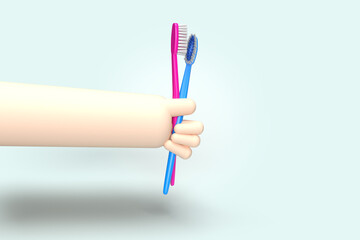 illustration 3d d'un bras tenant deux brosses à dent. Concept de l'amour, du couple, de la vie à deux