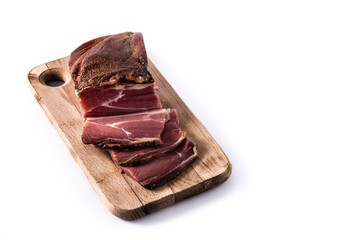 Dried and smoked meat isolated on white background. Copy space	