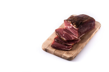 Dried and smoked meat isolated on white background. Copy space	