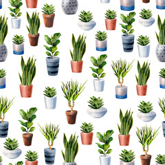 Fototapeta na wymiar Watercolor seamless pattern of home plants in pots. Hand painted house green flowers perfect for textile, paper and other print and web projects.