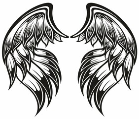 Decorative element on white. Pair of spread out  bird or angel wings. Tattoo wings