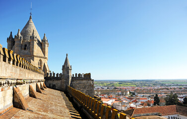 
Tour on the roofs of Cathedral of Nossa Senhora da Assuncao in Evora. World Heritage City by Unesco. Alentejo Region, Portugal. 