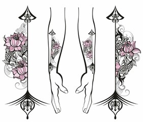  Ethnic arrows with hands. Boho style. Tattoo with flowers. Body tattoo  collection. 