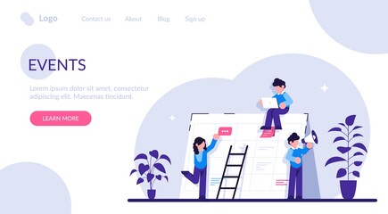 Events website concept. Corporate events. Event calendar. Notification, website menu bar, UI element, business meeting, commercial exhibition. Modern flat illustration.