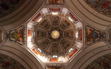 A magnificent ceiling inside the Salzburg Cathedral, Austria