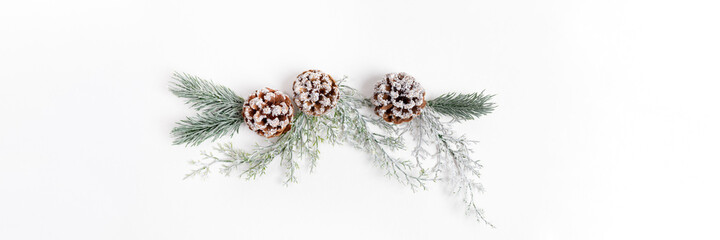 Xmas festive wide banner with reusable Christmas decor made of tree branches and pine cones on white background.