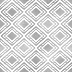 Ikat silver seamless pattern. Geometric boho pattern. Traditional background. Elegant ethnic texture. Navajo motif. Abstract Ikat backdrop. Silver foil for design folk wallpapers, prints. Vector 