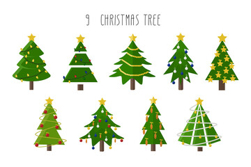 Set of vector Christmas trees. It can be used for printed materials - Christmas cards, invitations, posters, as well as for pajamas, bags, and wrapping paper. Nine Christmas trees decorated with toys 