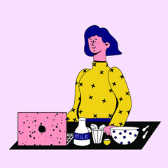 
vector illustration - the girl prepares food and looks at the laptop. Online cooking courses. Online recipes for home. Learns to cook online.Woman watching video in the kitchen.Doodle style eps 8