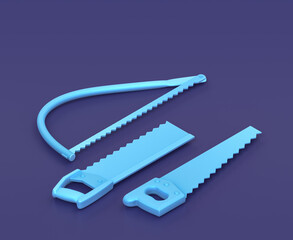 Isometric back saw, hand saw and tree saw on blue background, single color workshop tool, 3d rendering