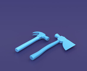 Isometric hetchet and hammer on blue background, single color workshop tool, 3d rendering