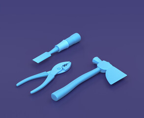 Isometric hatchet, pliers and wood chisel on blue background, single color workshop tool, 3d rendering