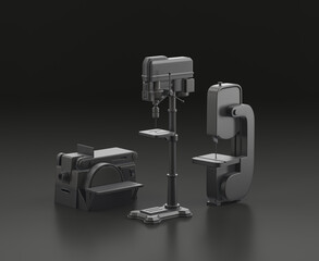 Dark gray drill press, belt sander and bandsaw on black background, single color workshop tool, 3d rendering