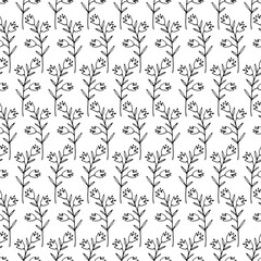 Black and white floral hand drawn outlined twigs branches seamless pattern