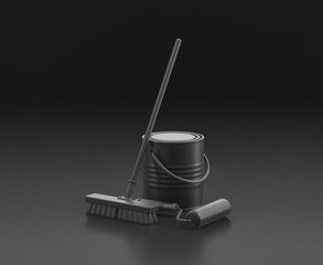 Dark gray paint bucket, broom and paint roller on black background, single color workshop tool, 3d rendering