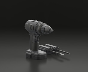 Dark gray power drill and screw drivers on black background, single color workshop tool, 3d rendering