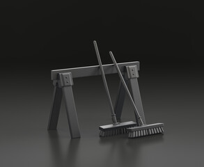 Dark gray saw horse with brooms on black background, single color workshop tool, 3d rendering