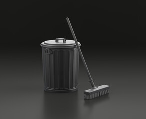 Dark gray trash can with broom on black background, single color workshop tool, 3d rendering