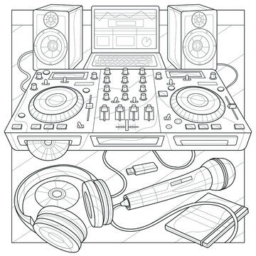 DJ console, microphone, headphones, laptop and speakers.Coloring book antistress for children and adults. Illustration isolated on white background.Zen-tangle style.