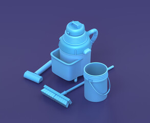 Isometric hoover and a bucket with a broom on blue background, single color workshop tool, 3d rendering
