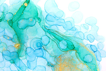 Abstract watercolor blue, green and gold texture. Ink transparent background.