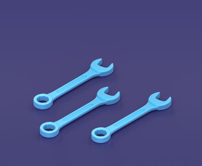 Isometric wrench on blue background, single color workshop tool, 3d rendering