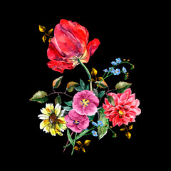 Watercolor bouquet flowers with tulips  on black background. Floral illustration.