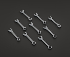 Dark gray wrench on black background, single color workshop tool, 3d rendering