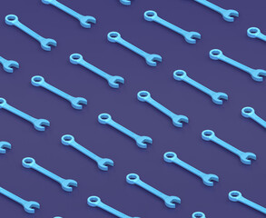 Isometric wrench on blue background, single color workshop tool, 3d rendering