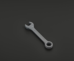 Dark gray wrench on black background, single color workshop tool, 3d rendering