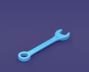 Isometric wrench on blue background, single color workshop tool, 3d rendering