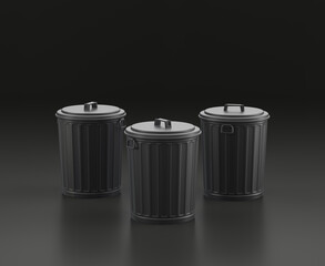 Dark gray trash can, waste bin,garbage container on black background, single color workshop tool, 3d rendering