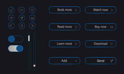 Modern buttons set for UI/UX design. Buy, watch, learn, download, send, add and read more in blue color. Flat vector illustration on dark background for web site, shop.