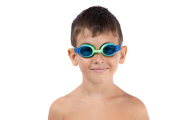 Studio shot of happy boy with swimming goggles, isolated on white