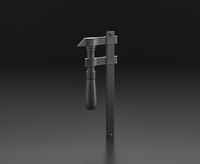 Dark gray table clamp on black background, single color workshop tool, 3d rendering