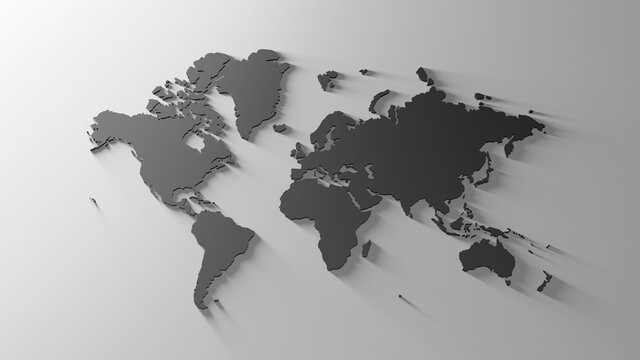 World map with drop shadows. Dark theme. 3d image