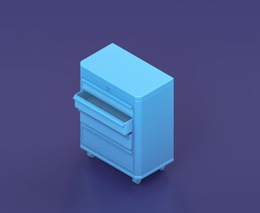 Isometric shop drawer on blue background, single color workshop tool, 3d rendering