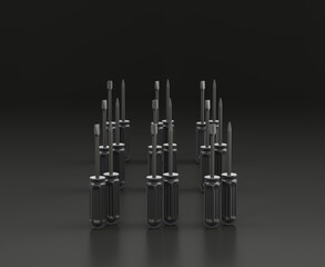 Dark gray screwdriver on black background, single color workshop tool, 3d rendering