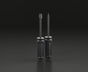 Dark gray screwdriver on black background, single color workshop tool, 3d rendering