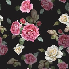 Floral seamless pattern with watercolor white and pink roses