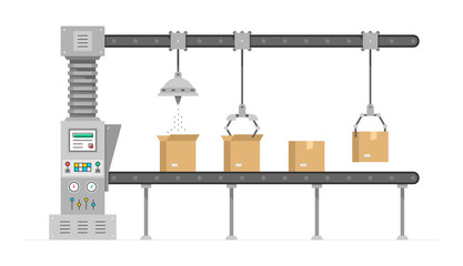 Conveyor system. Automated production line. Robotic industry concept. Industrial machine. Conveyor Automatic Production Line with Cardboard Boxes 
