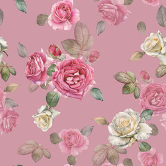 Floral seamless pattern with watercolor white and pink roses - 387433882